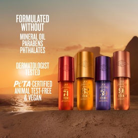 Sol De Janeiro Cheirosa Intense Perfume Mist collection, five travel-size bottles in warm sunset tones, PETA-certified vegan formula