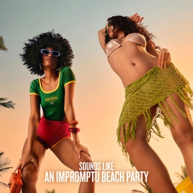 Sol De Janeiro Cheirosa 62 Intense Perfume Mist lifestyle shot featuring two models in vibrant beachwear at a sunny beach party setting