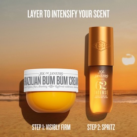 Sol De Janeiro Cheirosa 62 Intense Perfume Mist body mist shown with Brazilian Bum Bum Cream on a beach backdrop, layering routine steps