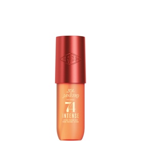 Sol De Janeiro Cheirosa 74 Intense Perfume Mist in an orange-red bottle with gold cap, body mist fragrance spray