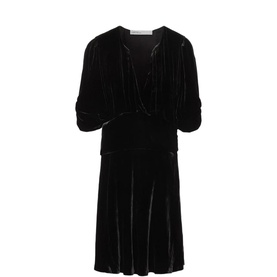 All Saints velvet black wrap-style midi dress with ruched sleeves and V-neckline, flat lay shot