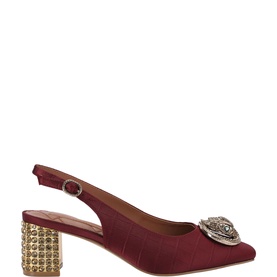 Kurt Geiger London burgundy satin slingback pump with jewelled brooch detail and gold crystal-embellished block heel