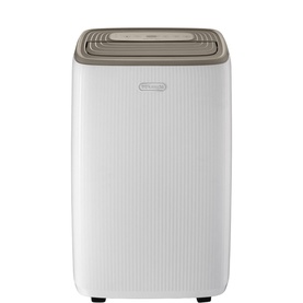 Delonghi Tasciugo AriaDry Evo Dehumidifier 14L in white with taupe top panel, upright tower design with front grille