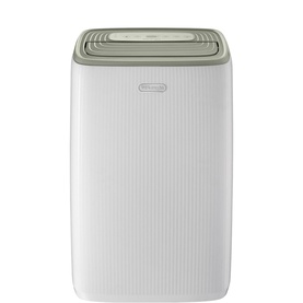 Delonghi Tasciugo AriaDry Evo Dehumidifier 12L in white with sage green top panel and ribbed body