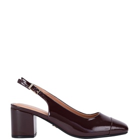 Carvela burgundy patent leather slingback block heel court shoe with cap toe and gold buckle fastening