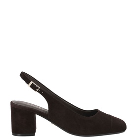 Carvela brown suede block heel slingback court shoes with silver buckle strap and square toe