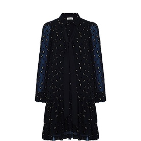 Phase Eight black long-sleeve mini dress with velvet burnout leopard print pattern and pleated hem, buttoned front detail.