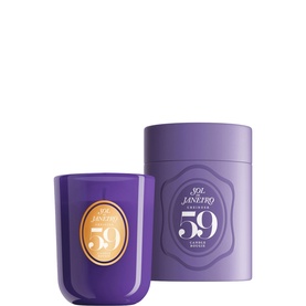 Sol De Janeiro Cheirosa 59 Candle in purple glass vessel with matching cylindrical purple gift box