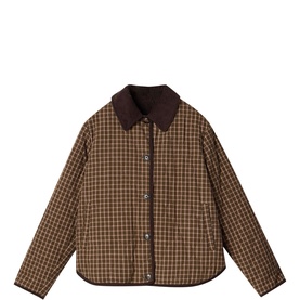 White Stuff brown multi check quilted jacket with contrast dark brown corduroy collar and button-through front