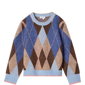 White Stuff Blue Mlt argyle knit jumper with crew neck, ribbed cuffs and hem with pink contrast trim