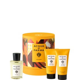 Acqua Di Parma Colonia Gift Set with eau de cologne bottle, shower gel, and body cream in branded yellow tubes with geometric gift box