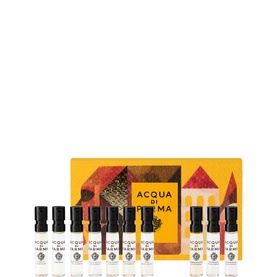 Acqua Di Parma Selection Set Holiday Edition, festive yellow gift box with 10 miniature fragrance vials in assorted scents