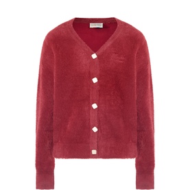 Almost Home rhubarb cardigan in mohair blend with V-neckline and square white buttons, no model