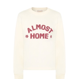 Almost Home Almond Oil cotton crew neck sweatshirt with red embroidered logo lettering and clover motifs