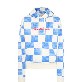 Almost Home Nautical Blue checkerboard hoodie with pink cursive logo embroidery, kangaroo pocket, and ribbed cuffs