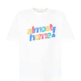 Almost Home ivory white cotton T-shirt with multicoloured raised logo lettering on chest, crew neck, short sleeves