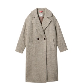 Longline double-breasted wool-blend coat in oatmeal herringbone, notched lapels, side pockets, pink lining detail visible at collar