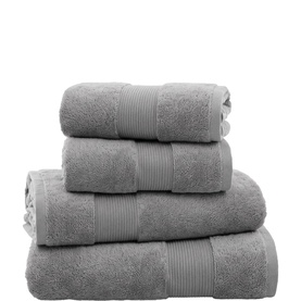 Deyongs dove grey plain towel set, four neatly stacked towels in varying sizes, soft ribbed border detail