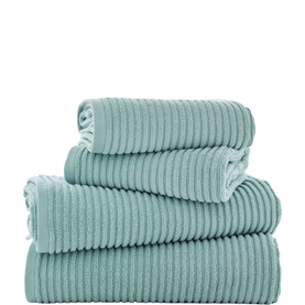 Deyongs blue ribbed cotton towel set of four, stacked in two piles showing varied sizes, soft textured finish