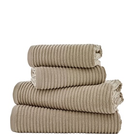 Deyongs Plain stone ribbed towels set of four, folded and stacked, showing textured stripe weave in neutral taupe tone