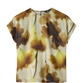 Whistles multi floral print short-sleeve top in ivory, brown and yellow watercolour bloom pattern, with back zip fastening
