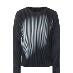 Issey Miyake Shadow Black pleated long-sleeve top with gradient stripe print, crew neck, relaxed fit