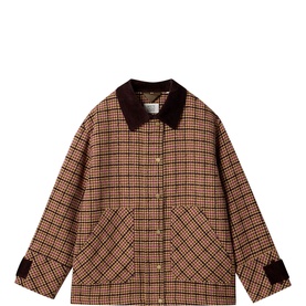 White Stuff pink multi check quilted jacket with dark brown corduroy collar and cuffs, gold snap buttons, and front patch pockets