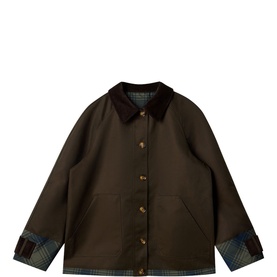White Stuff dark green waxed jacket with corduroy collar, plaid-lined cuffs, front patch pockets, and gold snap buttons