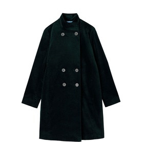 Dark green double-breasted midi coat with high neck, six-button front, and relaxed silhouette