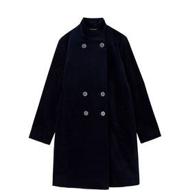 White Stuff dark navy double-breasted coat with high neck, button front, and relaxed long-line silhouette