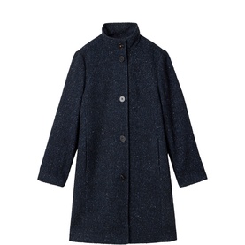 Navy blue flecked wool-blend coat with high funnel neck, single-breasted button front, and side pockets