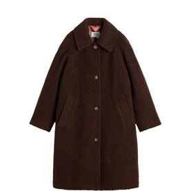 Dark brown boucl&eacute; wool-blend longline coat with point collar, single-breasted gold-tone button fastening and patch pockets