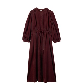 Dark burgundy maxi dress with long balloon sleeves, drawstring waist tie, round neck, and full A-line skirt