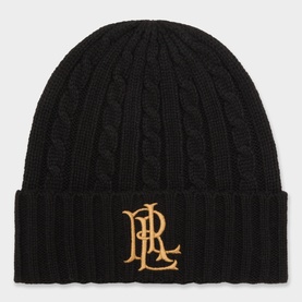 Lauren black cable-knit beanie with gold embroidered RL monogram logo and ribbed cuff