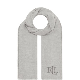 Lauren charcoal and grey woven scarf with embroidered RLL monogram logo and fringe hem detail