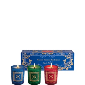 Maison Francis Kurkdjian Trio of Scented Candles gift set with blue, green and red glass vessels in decorative blue gift box