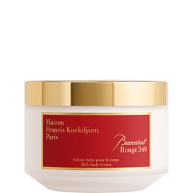 Maison Francis Kurkdjian Baccarat Rouge 540 Rich Body Cream in white jar with red and gold branding detail.