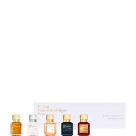 Maison Francis Kurkdjian Miniatures Set, five miniature eau de parfum bottles in assorted colours with gold caps, presented with gift box