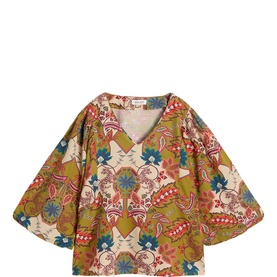 White Stuff green multicolour floral paisley print blouse with V-neck and wide flared sleeves, flat product shot