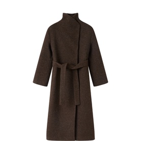 Whistles brown longline wool-blend coat with high neck, wrap front, and self-tie belt