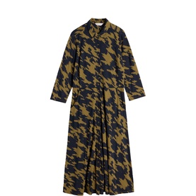 Navy and khaki oversized houndstooth print midi shirt dress with collar, long sleeves, and full pleated skirt