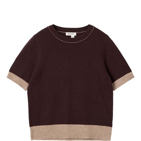 White Stuff dark brown short-sleeve knit top with contrast beige ribbed cuffs and hem band, crew neck with tonal stitching detail