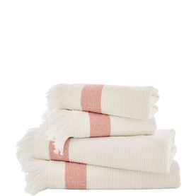 The Lyndon Company pink and cream striped towel set with fringe trim, stacked in four sizes