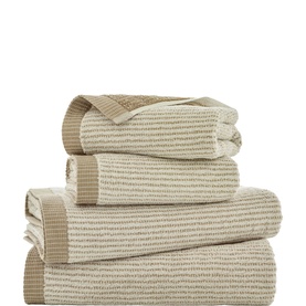 The Lyndon Company Natural ribbed cotton towel set, six pieces in varying sizes, folded and stacked, showing textured stripe detail
