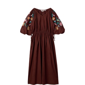 White Stuff dark brown midi dress with floral embroidered puff sleeves, elasticated waist, and tie cuffs
