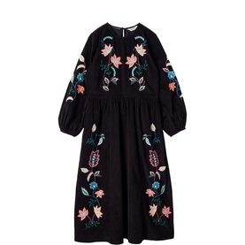 Black midi dress with puffed long sleeves and multicolour floral embroidery across bodice and skirt, button back neck