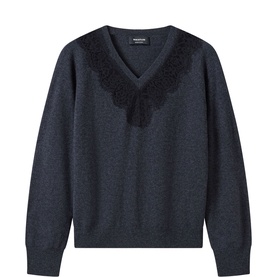 Whistles grey V-neck knit jumper with black lace floral trim detail at neckline, long sleeves
