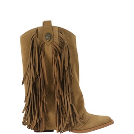 Kurt Geiger London beige suede fringe western boot with gold lion medallion detail and pointed toe, mid-calf height