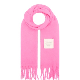 American Vintage scarf in Rose Fluo L with fringed ends and woven label, folded flat to show full length