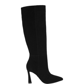 Kurt Geiger London black suede knee-high stiletto boots with pointed toe and flared block heel, side profile view
